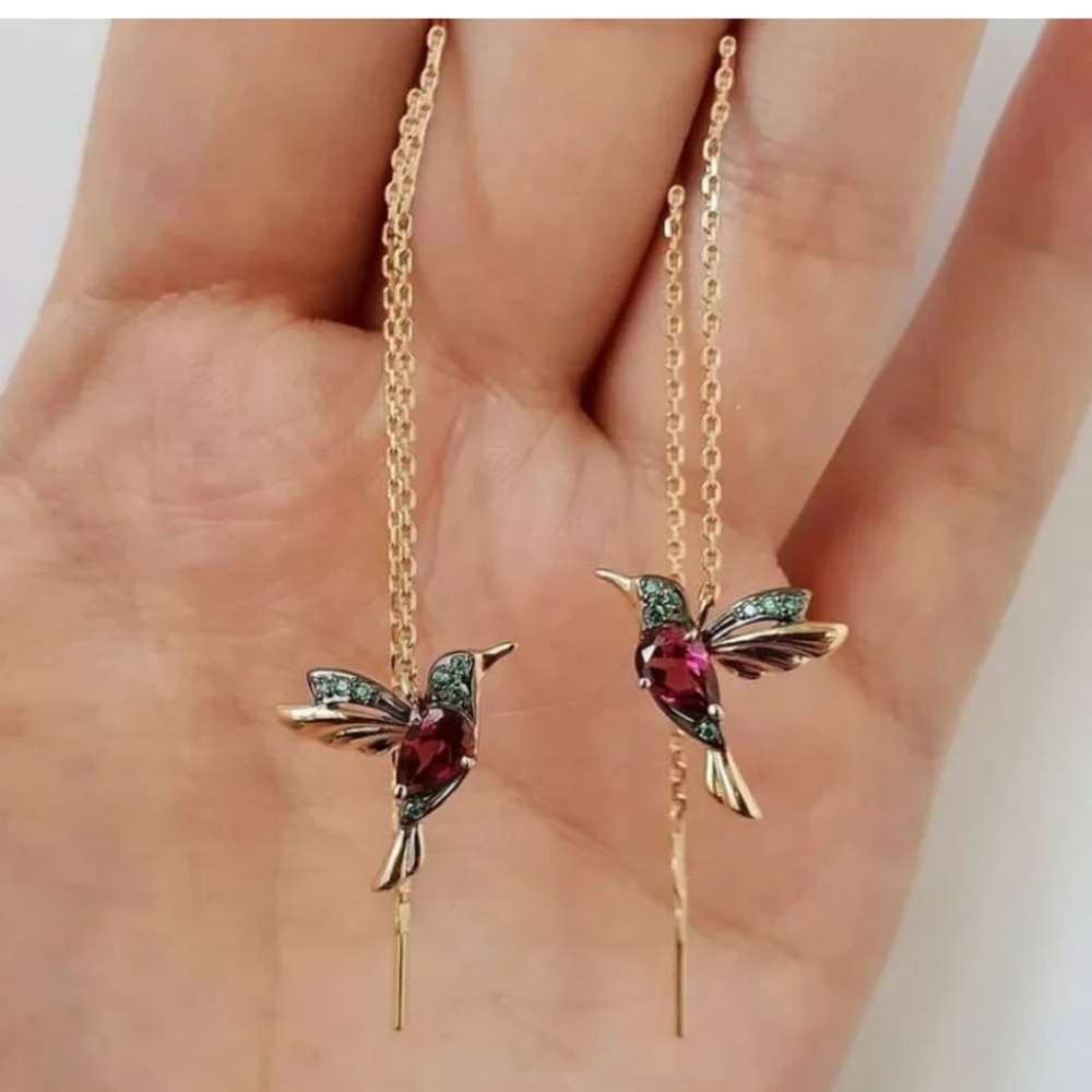 Hummingbird Drop Dangle Chain Gold Earrings